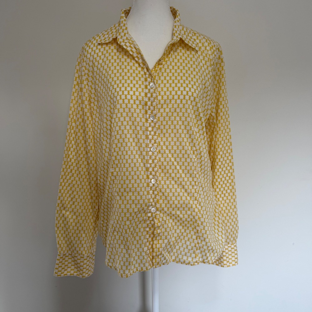 J.Crew Geometric Medallion Button Down Shirt Womens 14 Yellow Cotton Retro